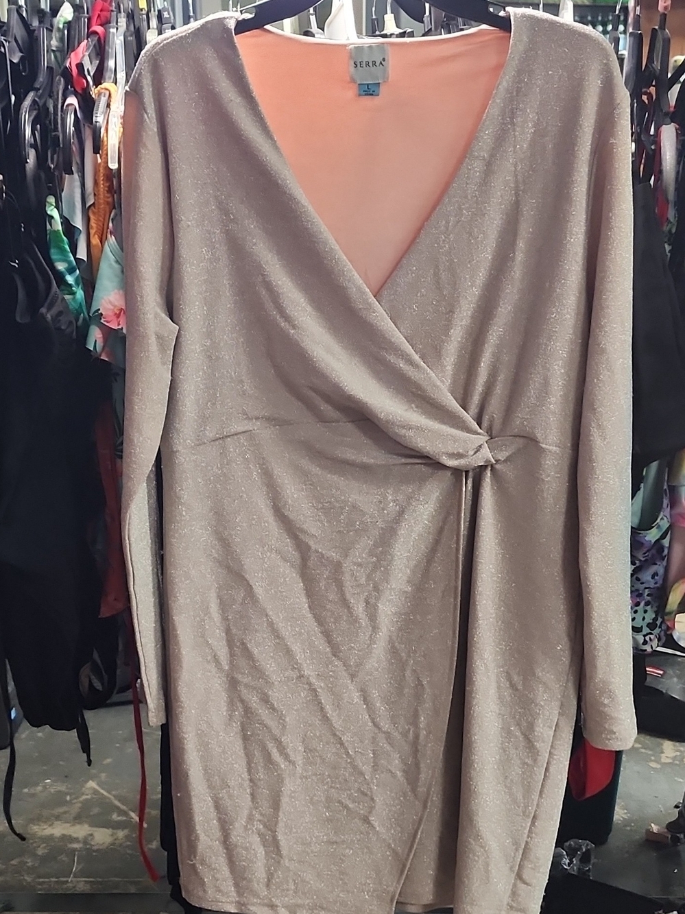 Serra Shimmery Nude Wrap-Front Long Sleeve Dress - Picture 5 of 6